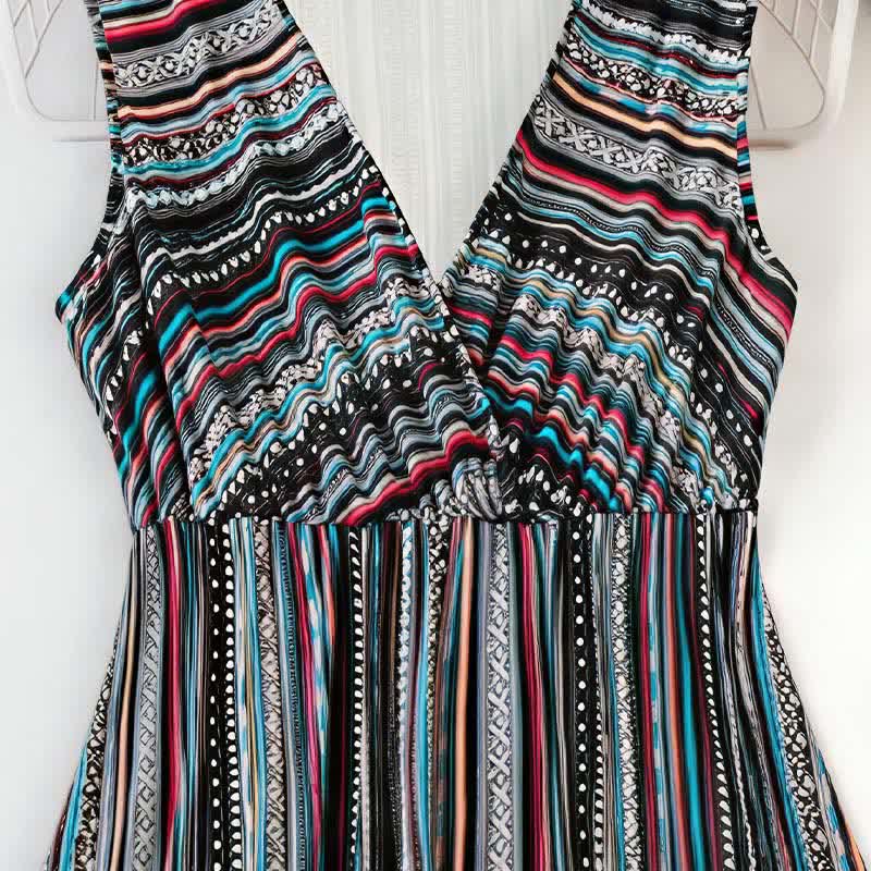 Buddha Stones Vestido de verano sin mangas para mujer con escote en V y rayas estilo bohemio. - image 2