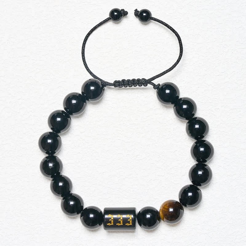 Buddha Stones Pulsera de fuerza y ​​plenitud con obsidiana negra natural y ojo de tigre, con número angelical - image 4