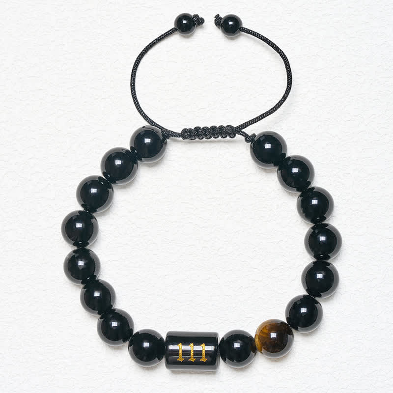 Buddha Stones Pulsera de fuerza y ​​plenitud con obsidiana negra natural y ojo de tigre, con número angelical - image 11