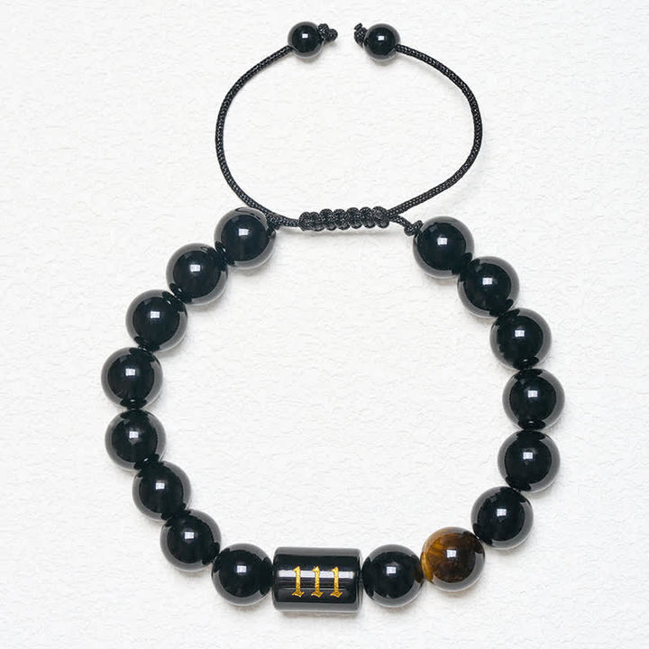 Buddha Stones Pulsera de fuerza y ​​plenitud con obsidiana negra natural y ojo de tigre, con número angelical - image 11
