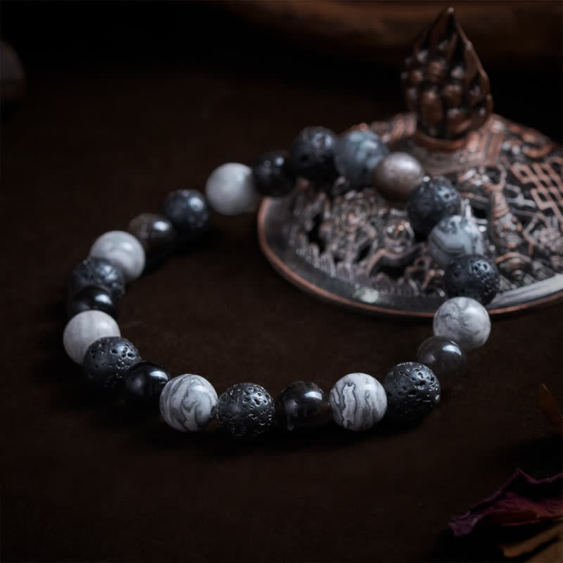 Buddha Stones Pulsera de soporte con cuentas de jaspe Picasso, roca de lava obsidiana negra y roca de lava. - image 3
