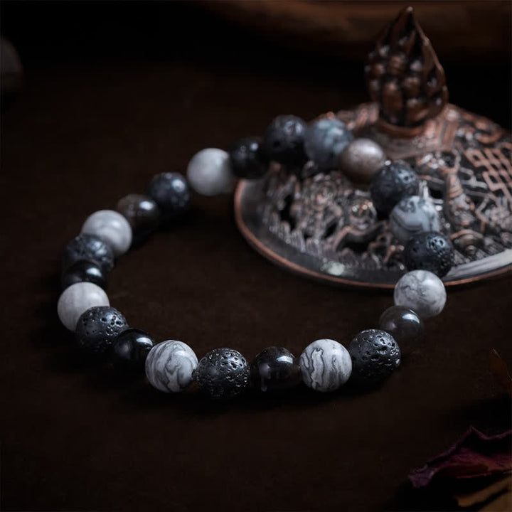 Buddha Stones Pulsera de soporte con cuentas de jaspe Picasso, roca de lava obsidiana negra y roca de lava. - image 3