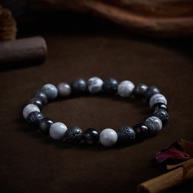 Buddha Stones Pulsera de soporte con cuentas de jaspe Picasso, roca de lava obsidiana negra y roca de lava. - image 2