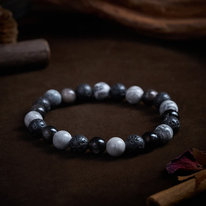 Buddha Stones Pulsera de soporte con cuentas de jaspe Picasso, roca de lava obsidiana negra y roca de lava. - image 2