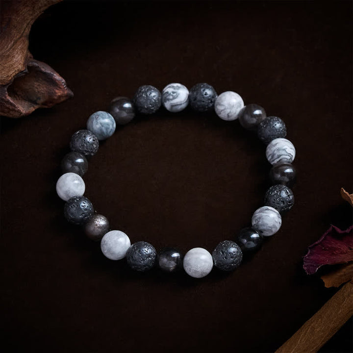 Buddha Stones Pulsera de soporte con cuentas de jaspe Picasso, roca de lava obsidiana negra y roca de lava. - image 5