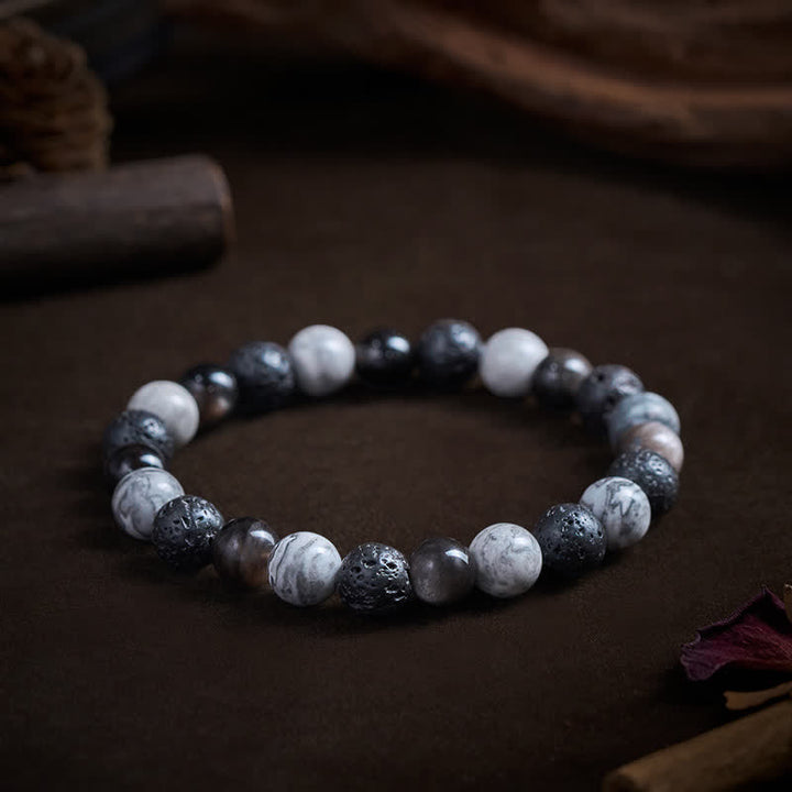 Buddha Stones Pulsera de soporte con cuentas de jaspe Picasso, roca de lava obsidiana negra y roca de lava. - image 4