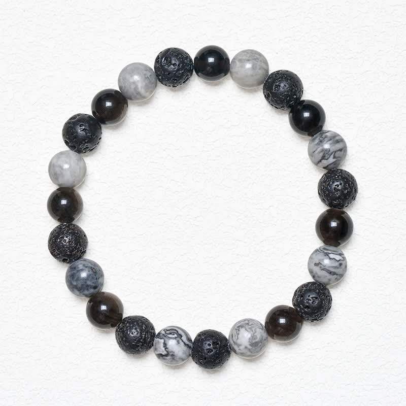 Buddha Stones Pulsera de soporte con cuentas de jaspe Picasso, roca de lava obsidiana negra y roca de lava. - image 1