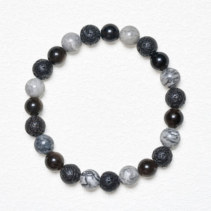 Buddha Stones Pulsera de soporte con cuentas de jaspe Picasso, roca de lava obsidiana negra y roca de lava. - image 1