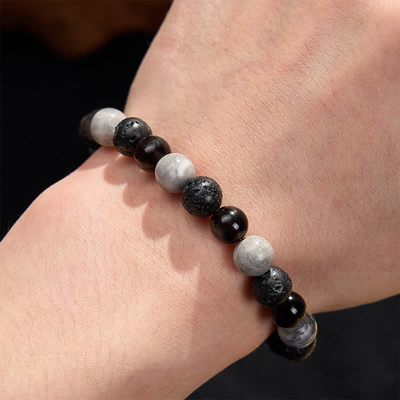 Buddha Stones Pulsera de soporte con cuentas de jaspe Picasso, roca de lava obsidiana negra y roca de lava. - image 6