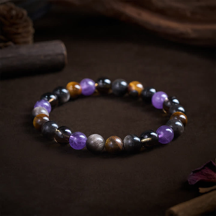 Buddha Stones Pulsera curativa de amatista natural, ojo de tigre, obsidiana negra y cuarzo ahumado - image 2