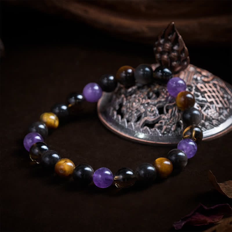 Buddha Stones Pulsera curativa de amatista natural, ojo de tigre, obsidiana negra y cuarzo ahumado - image 3