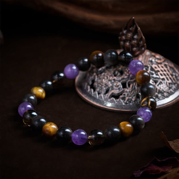 Buddha Stones Pulsera curativa de amatista natural, ojo de tigre, obsidiana negra y cuarzo ahumado - image 3