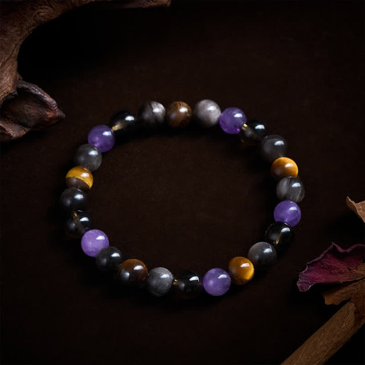 Buddha Stones Pulsera curativa de amatista natural, ojo de tigre, obsidiana negra y cuarzo ahumado - image 4