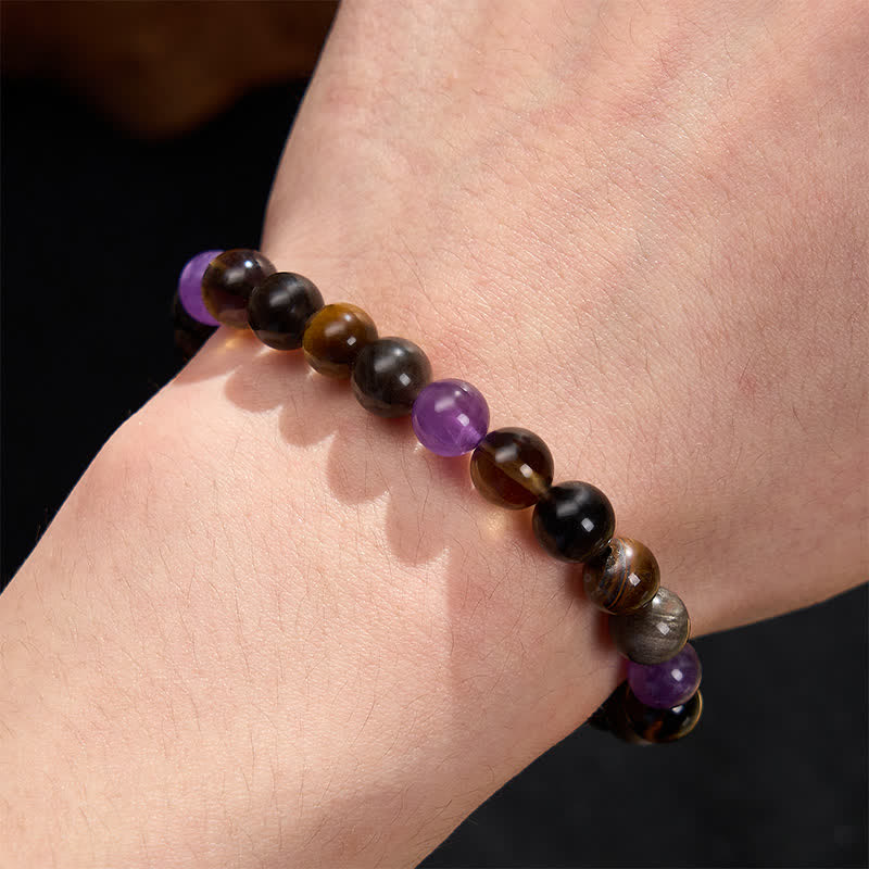 Buddha Stones Pulsera curativa de amatista natural, ojo de tigre, obsidiana negra y cuarzo ahumado - image 5