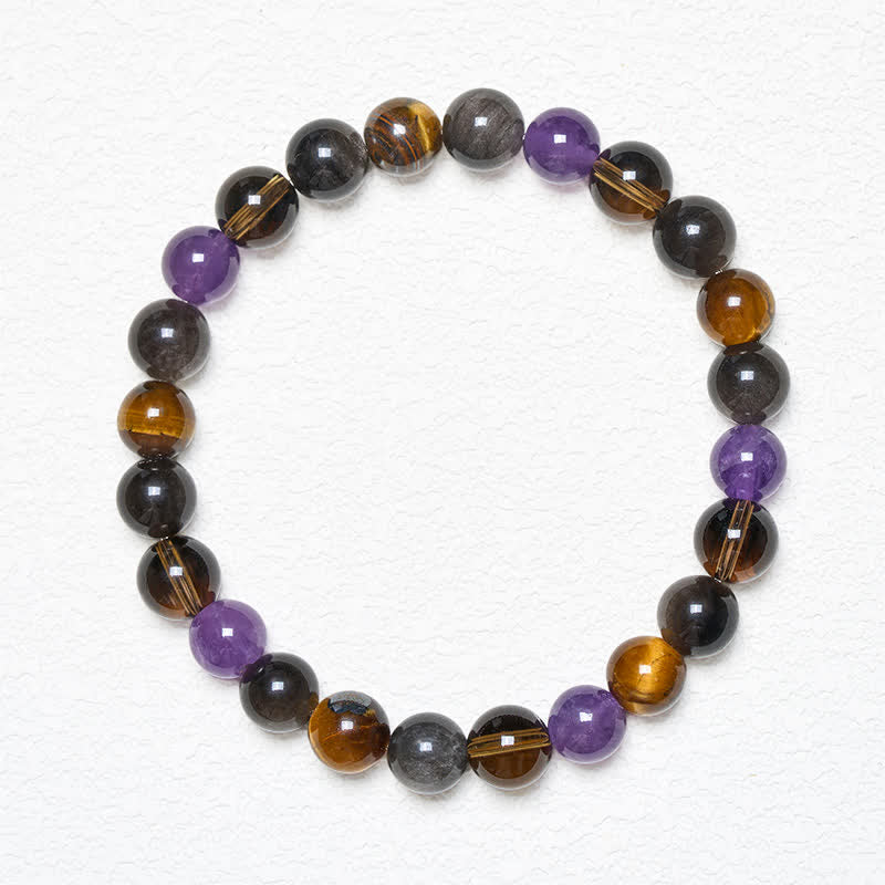 Buddha Stones Pulsera curativa de amatista natural, ojo de tigre, obsidiana negra y cuarzo ahumado - image 1