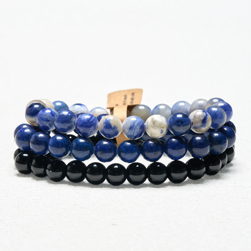 Buddha Stones Pulsera con cuentas de lazurita, lapislázuli, sodalita y ónix negro. - 15-16 cm - image 0