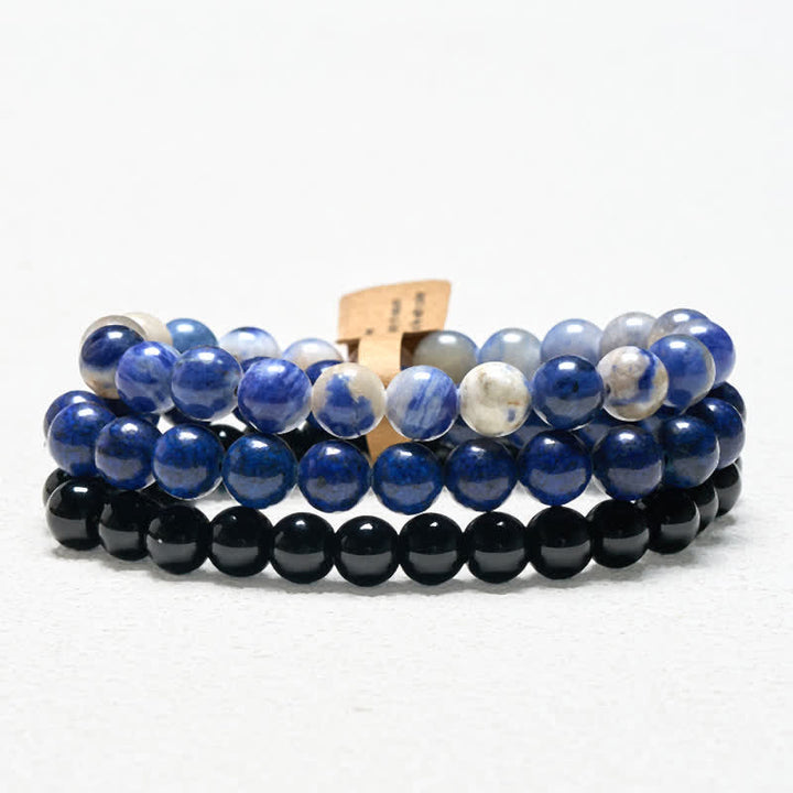 Buddha Stones Pulsera con cuentas de lazurita, lapislázuli, sodalita y ónix negro. - 15-16 cm - image 0