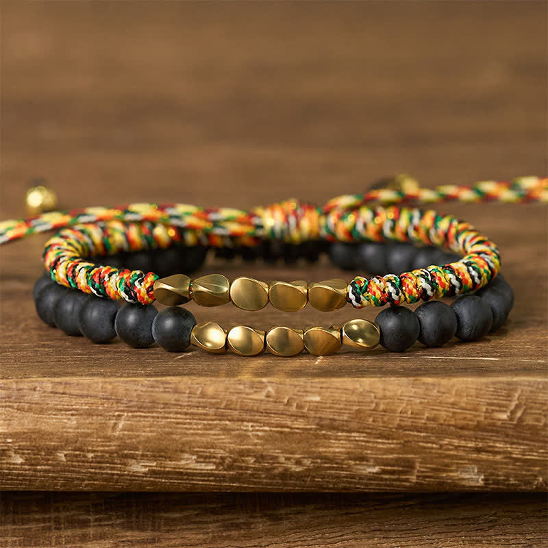 Buddha Stones Pulsera de 2 piezas con cuentas de piedra natural esmerilada y cordón de cobre. - Multicolor + Piedra esmerilada (Circunferencia de la muñeca: 17-28 cm) - image 0
