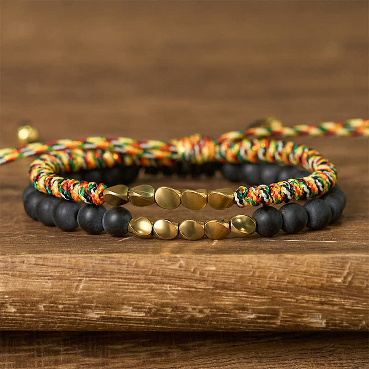 Buddha Stones Pulsera de 2 piezas con cuentas de piedra natural esmerilada y cordón de cobre. - Multicolor + Piedra esmerilada (Circunferencia de la muñeca: 17-28 cm) - image 0