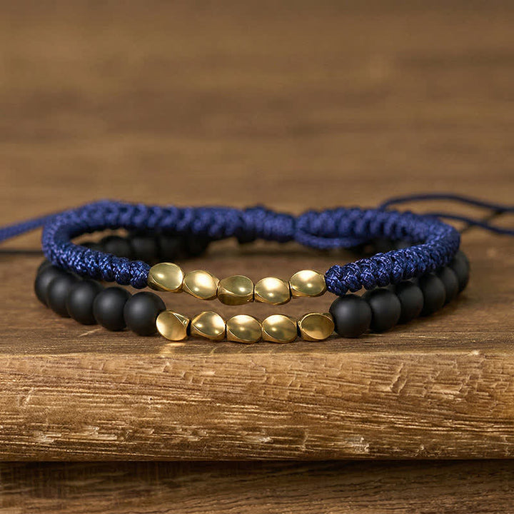 Buddha Stones Pulsera de 2 piezas con cuentas de piedra natural esmerilada y cordón de cobre. - Azul marino + Piedra esmerilada (Circunferencia de la muñeca: 17-28 cm) - image 4