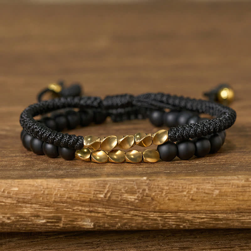 Buddha Stones Pulsera de 2 piezas con cuentas de piedra natural esmerilada y cordón de cobre. - Negro + Piedra esmerilada (Circunferencia de la muñeca: 17-28 cm) - image 9