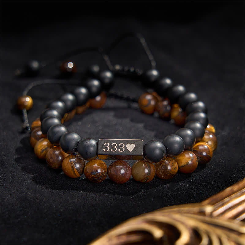 Buddha Stones 2 piezas de piedra esmerilada ojo de tigre 333 222 111 11:11 444 Pulsera de curación con números angelicales - 444 - image 0
