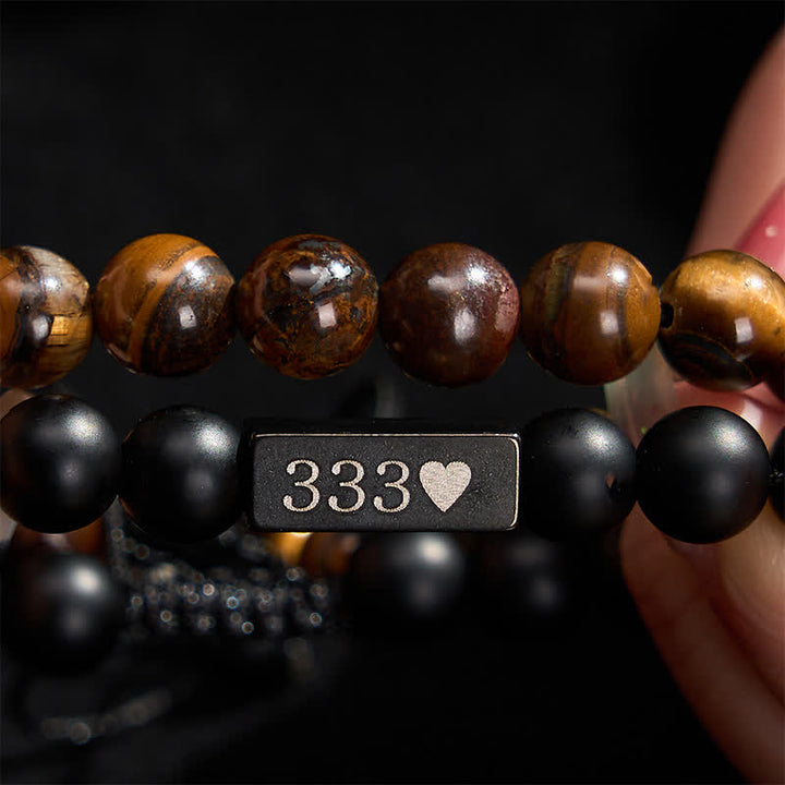 Buddha Stones 2 piezas de piedra esmerilada ojo de tigre 333 222 111 11:11 444 Pulsera de curación con números angelicales - image 3
