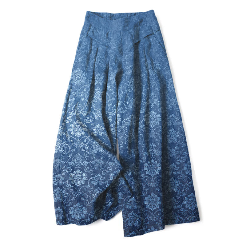 Buddha Stones Pantalones de mujer de lino y algodón con estampado floral vintage, cintura elástica, pernera ancha y bolsillos. - Azul real - US16，UK/AU20，EU48 (3XL) - image 0