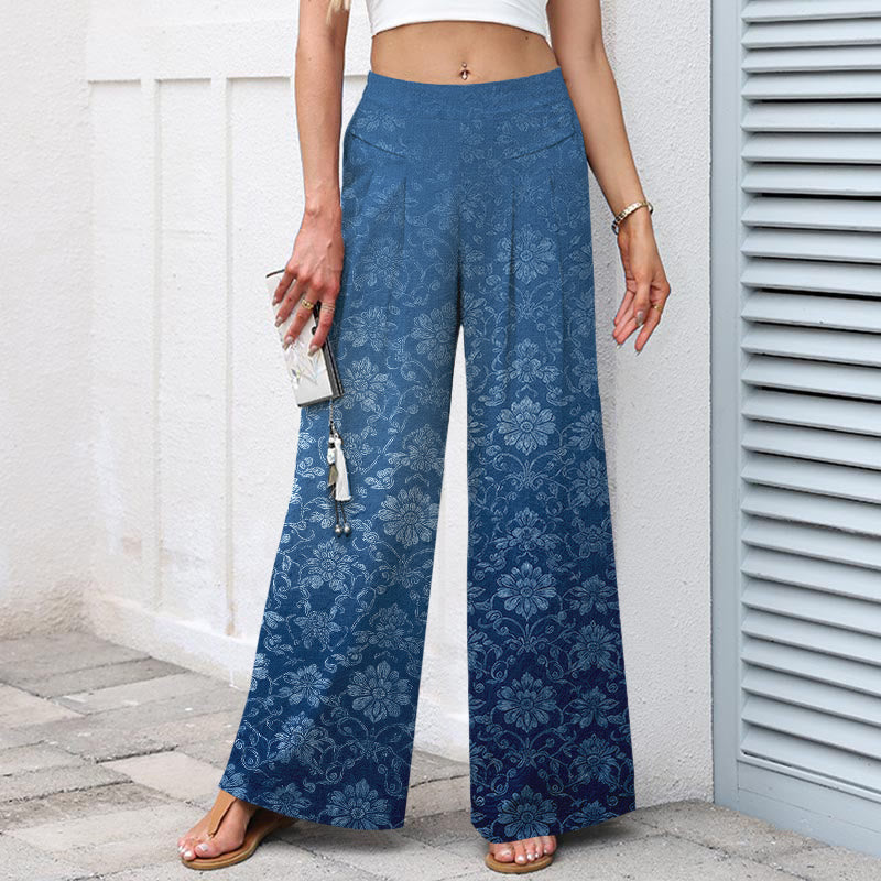 Buddha Stones Pantalones de mujer de lino y algodón con estampado floral vintage, cintura elástica, pernera ancha y bolsillos. - image 1