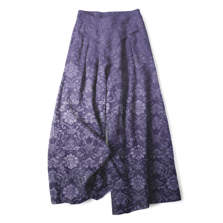 Buddha Stones Pantalones de mujer de lino y algodón con estampado floral vintage, cintura elástica, pernera ancha y bolsillos. - Púrpura - US16，UK/AU20，EU48 (3XL) - image 4