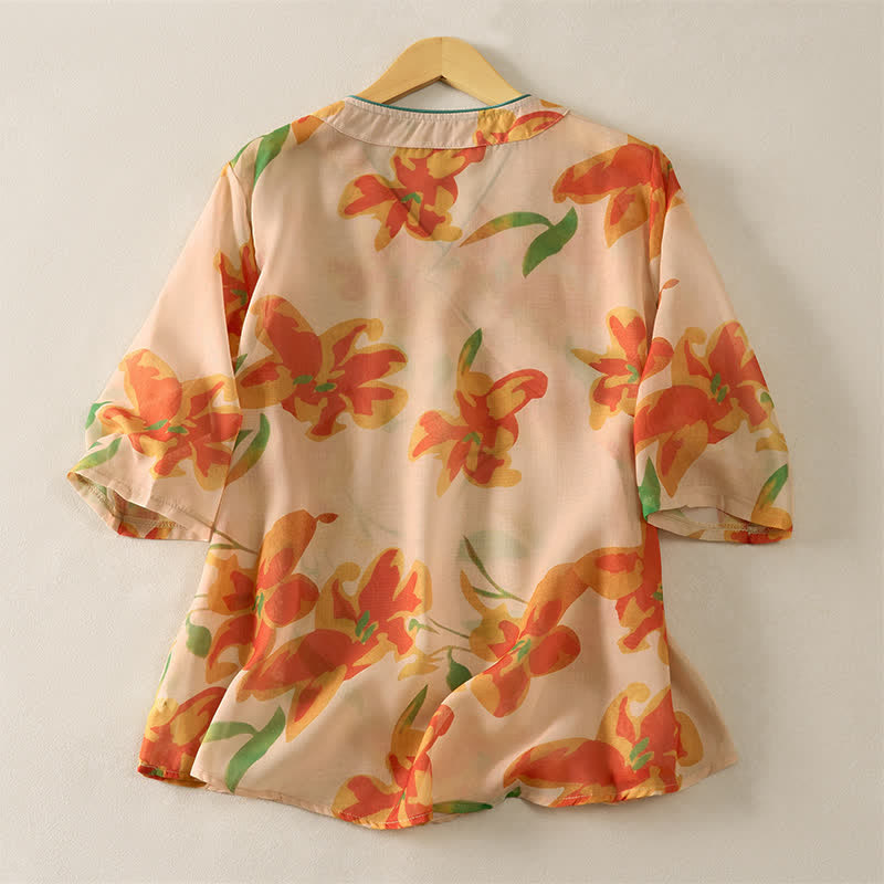 Buddha Stones Camisas de manga corta para mujer con cuello en V y estampado floral estilo verano Tang - image 1