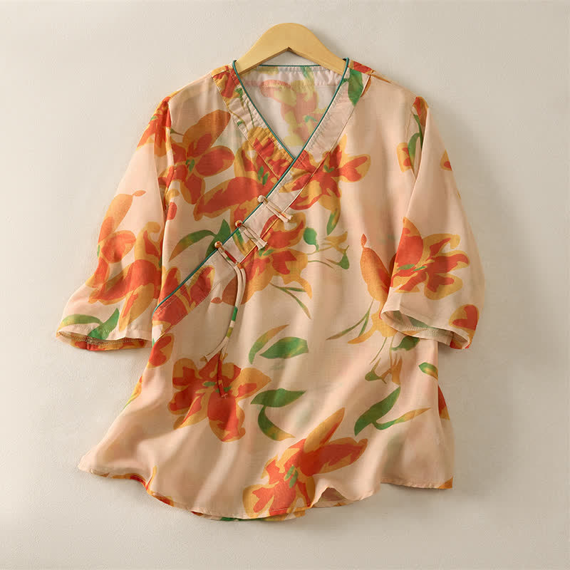 Buddha Stones Camisas de manga corta para mujer con cuello en V y estampado floral estilo verano Tang - image 0