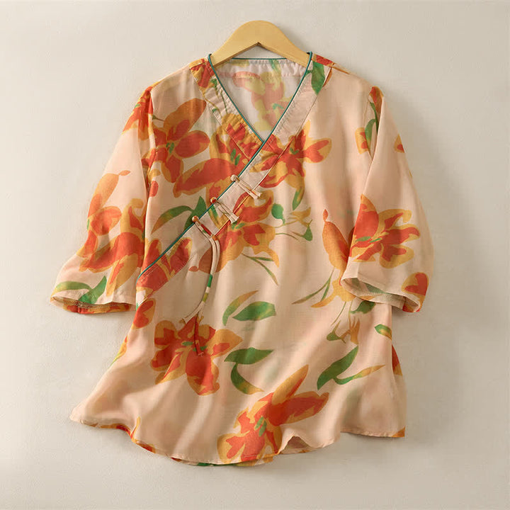 Buddha Stones Camisas de manga corta para mujer con cuello en V y estampado floral estilo verano Tang - image 0