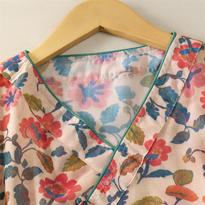 Buddha Stones Camisas de manga corta para mujer con cuello en V y estampado floral estilo verano Tang - image 9