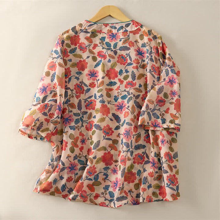 Buddha Stones Camisas de manga corta para mujer con cuello en V y estampado floral estilo verano Tang - image 8