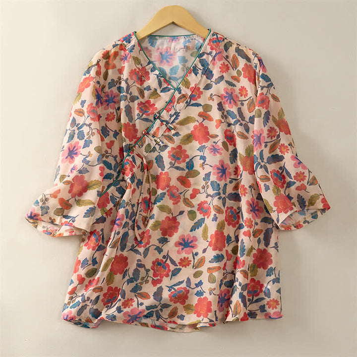 Buddha Stones Camisas de manga corta para mujer con cuello en V y estampado floral estilo verano Tang - image 7