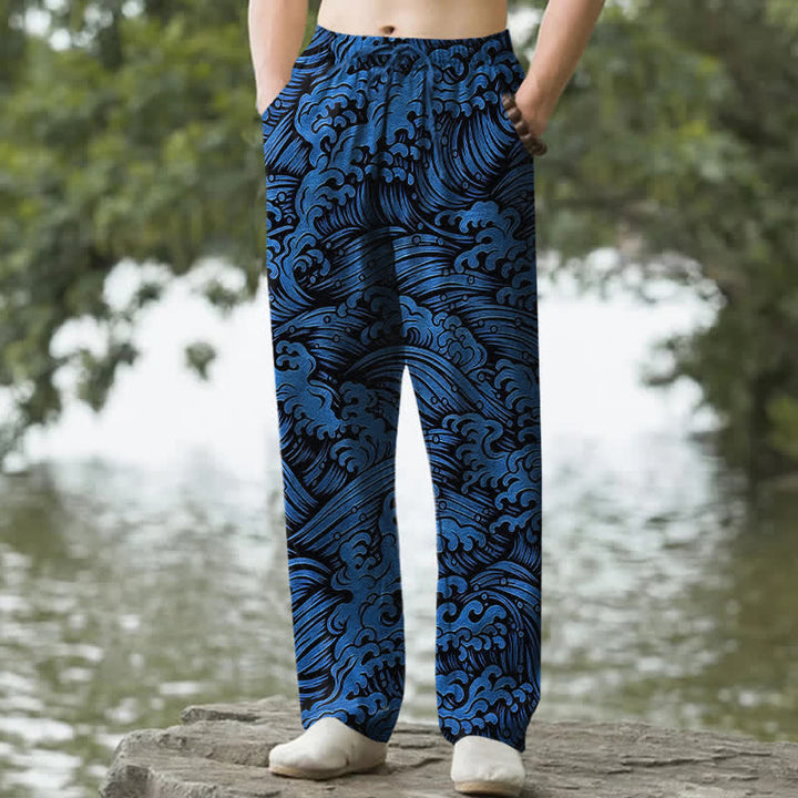Buddha Stones Pantalones de hombre de algodón con estampado de olas marinas, corte ajustado y bolsillos. - Azul real - US/UK/AU50, EU60 (5XL) - image 0