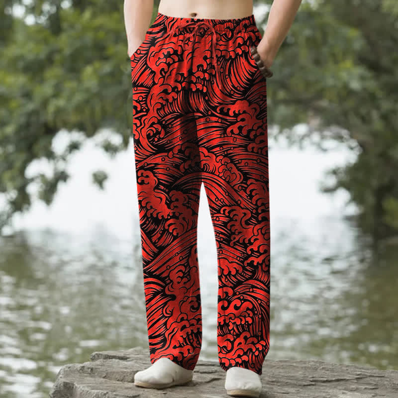 Buddha Stones Pantalones de hombre de algodón con estampado de olas marinas, corte ajustado y bolsillos. - Carmesí - US/UK/AU50, EU60 (5XL) - image 4