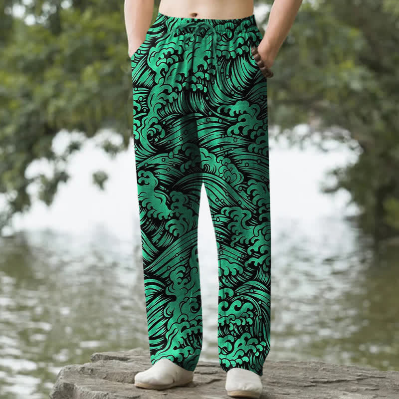 Buddha Stones Pantalones de hombre de algodón con estampado de olas marinas, corte ajustado y bolsillos. - Verde bosque - US/UK/AU50, EU60 (5XL) - image 6