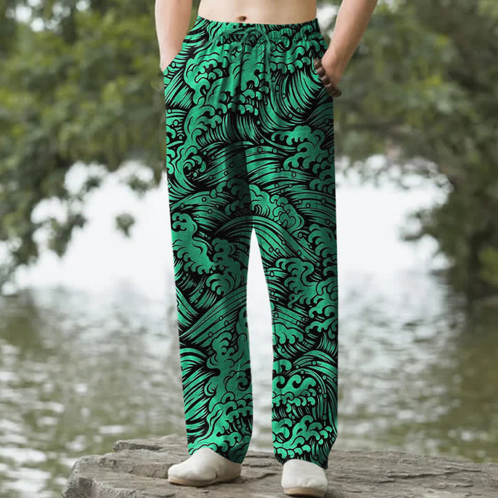 Buddha Stones Pantalones de hombre de algodón con estampado de olas marinas, corte ajustado y bolsillos. - Verde bosque - US/UK/AU50, EU60 (5XL) - image 6