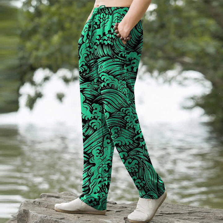 Buddha Stones Pantalones de hombre de algodón con estampado de olas marinas, corte ajustado y bolsillos. - image 7