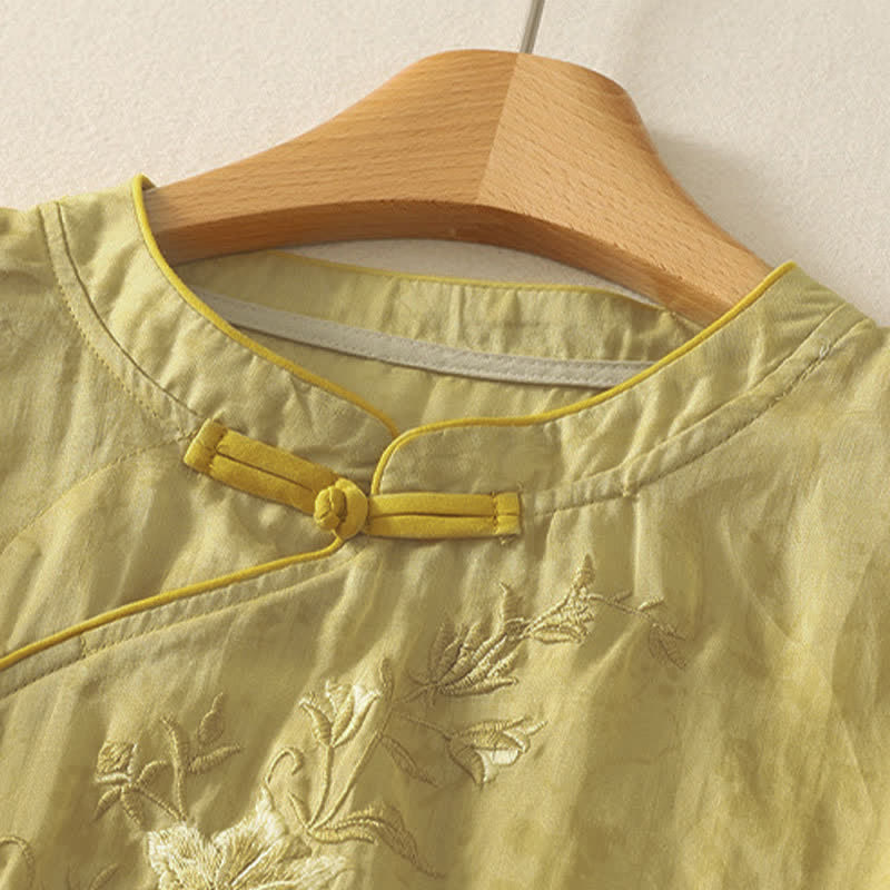 Buddha Stones Camisa de manga corta para mujer, color liso, con cuello mandarín y bordado floral estilo Summer Tang. - image 1