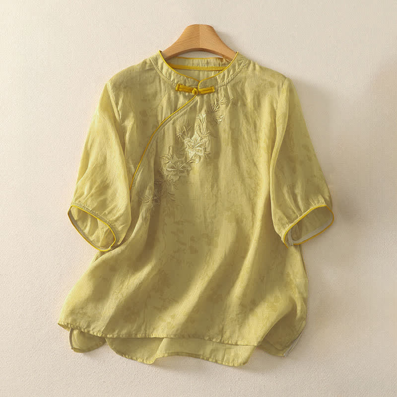 Buddha Stones Camisa de manga corta para mujer, color liso, con cuello mandarín y bordado floral estilo Summer Tang. - caqui - US8-10，UK/AU12-14，EU40-42 (2XL) - image 0