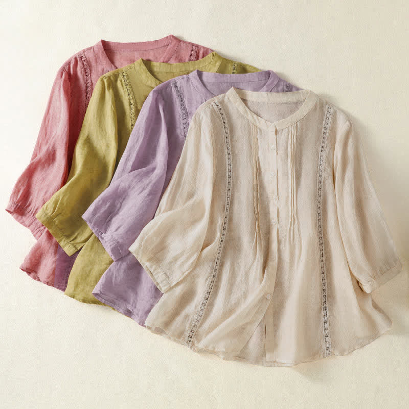 Buddha Stones Camisas de manga tres cuartos lisas con botones, estilo vintage de verano para mujer. - image 26