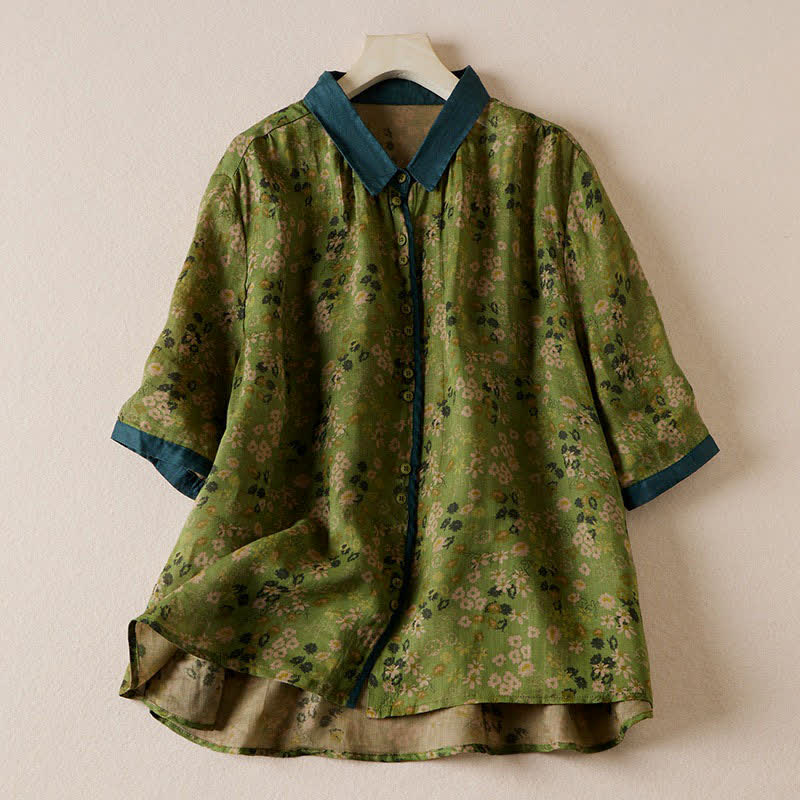 Buddha Stones Camisas de manga corta para mujer con estampado floral y botones, estilo vintage veraniego. - Verde oliva - US8-10，UK/AU12-14，EU40-42 (2XL) - image 0