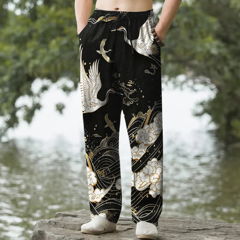 Buddha Stones Pantalones de hombre de algodón blanco con estampado de grullas y olas, corte cónico y bolsillos. - Negro - US/UK/AU50, EU60 (5XL) - image 0
