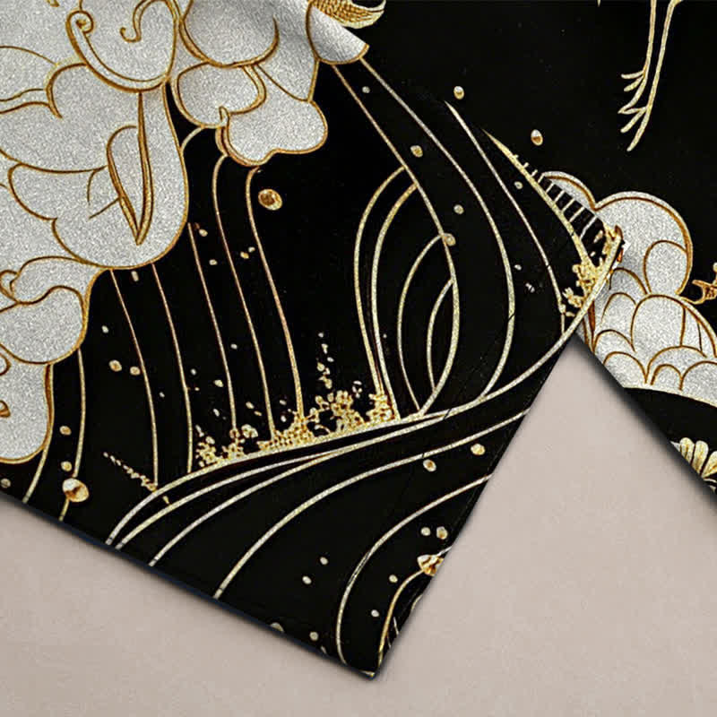 Buddha Stones Pantalones de hombre de algodón blanco con estampado de grullas y olas, corte cónico y bolsillos. - image 3