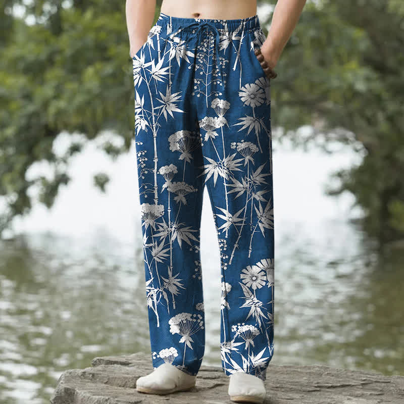 Buddha Stones Pantalones de hombre de algodón con estampado floral de hojas de bambú y corte ajustado, con bolsillos. - Azul real - US/UK/AU50, EU60 (5XL) - image 0