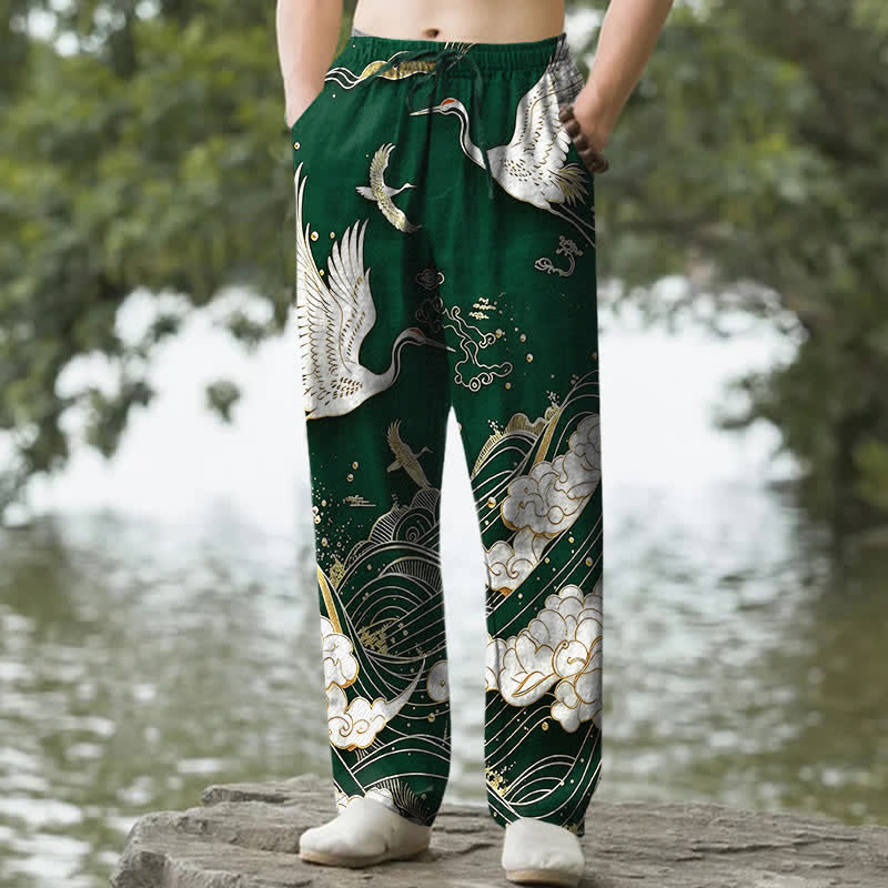 Buddha Stones Pantalones de hombre de algodón blanco con estampado de grullas y olas, corte cónico y bolsillos. - Verde bosque - US/UK/AU50, EU60 (5XL) - image 4