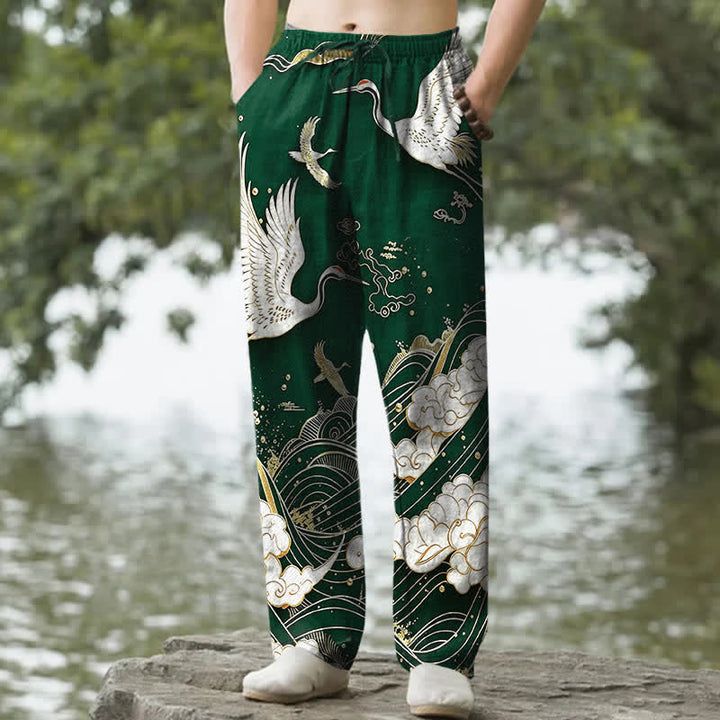 Buddha Stones Pantalones de hombre de algodón blanco con estampado de grullas y olas, corte cónico y bolsillos. - Verde bosque - US/UK/AU50, EU60 (5XL) - image 4